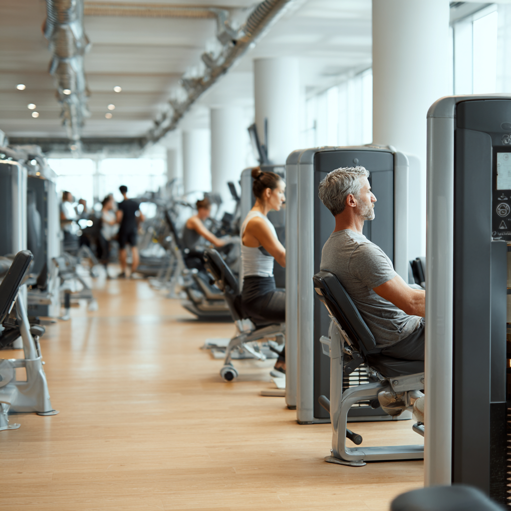 Modern fitness equipment and mature adults training in professional gym environment